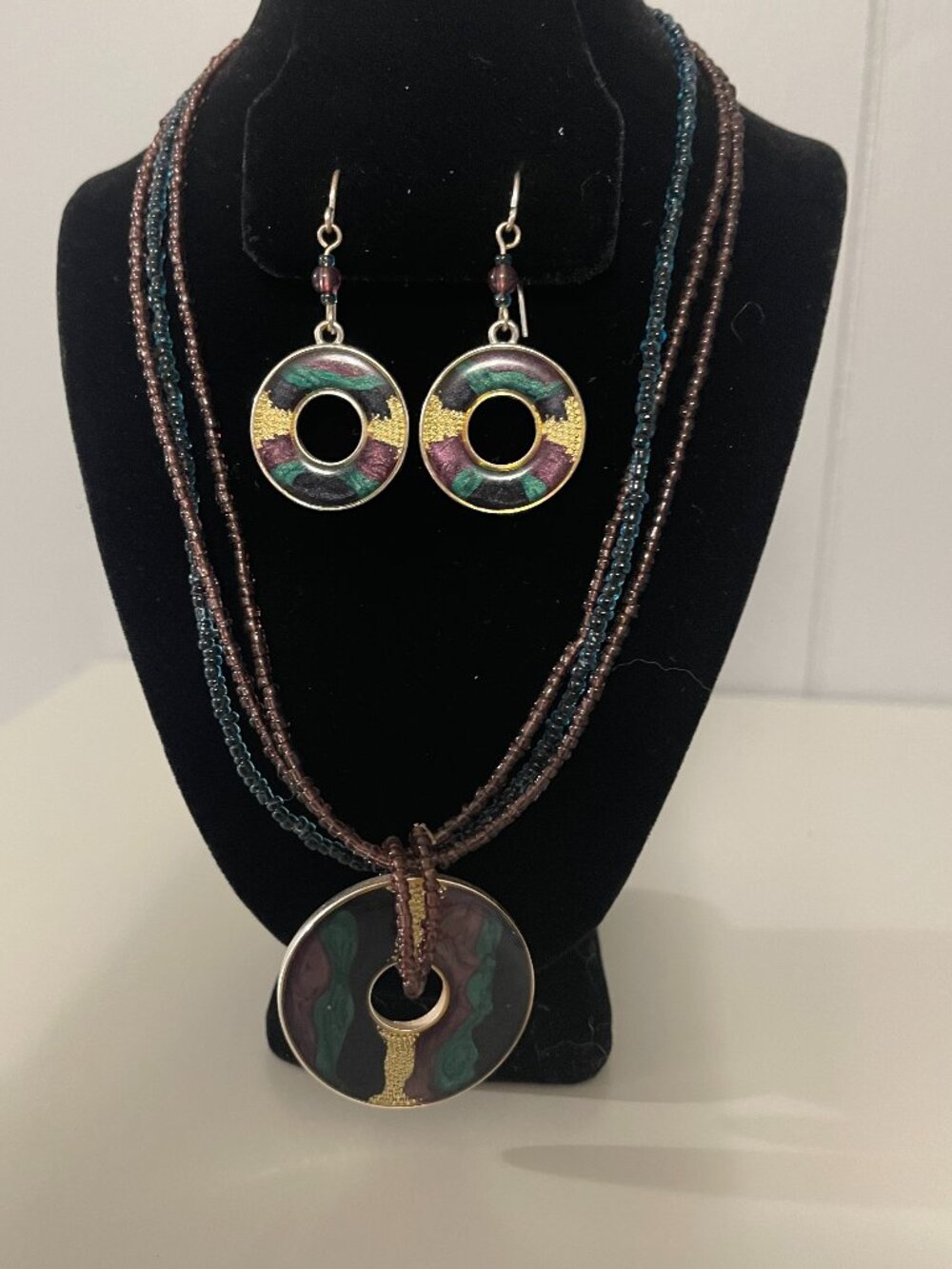 Boho Multi-Strand Seed Bead Pendant Necklace & Matching Circle Drop Earrings Set